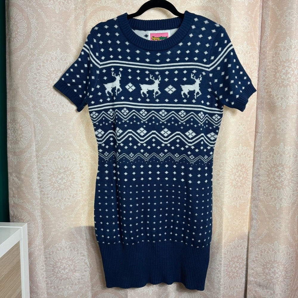 Tipsy Elves Blue White Reindeer Knit Mini Sweater Dress Short Sleeve Size Large